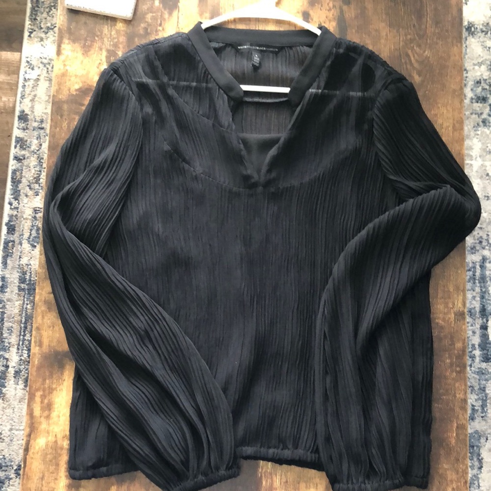 WHBM Black Sheer Long Sleeve V Neck Top